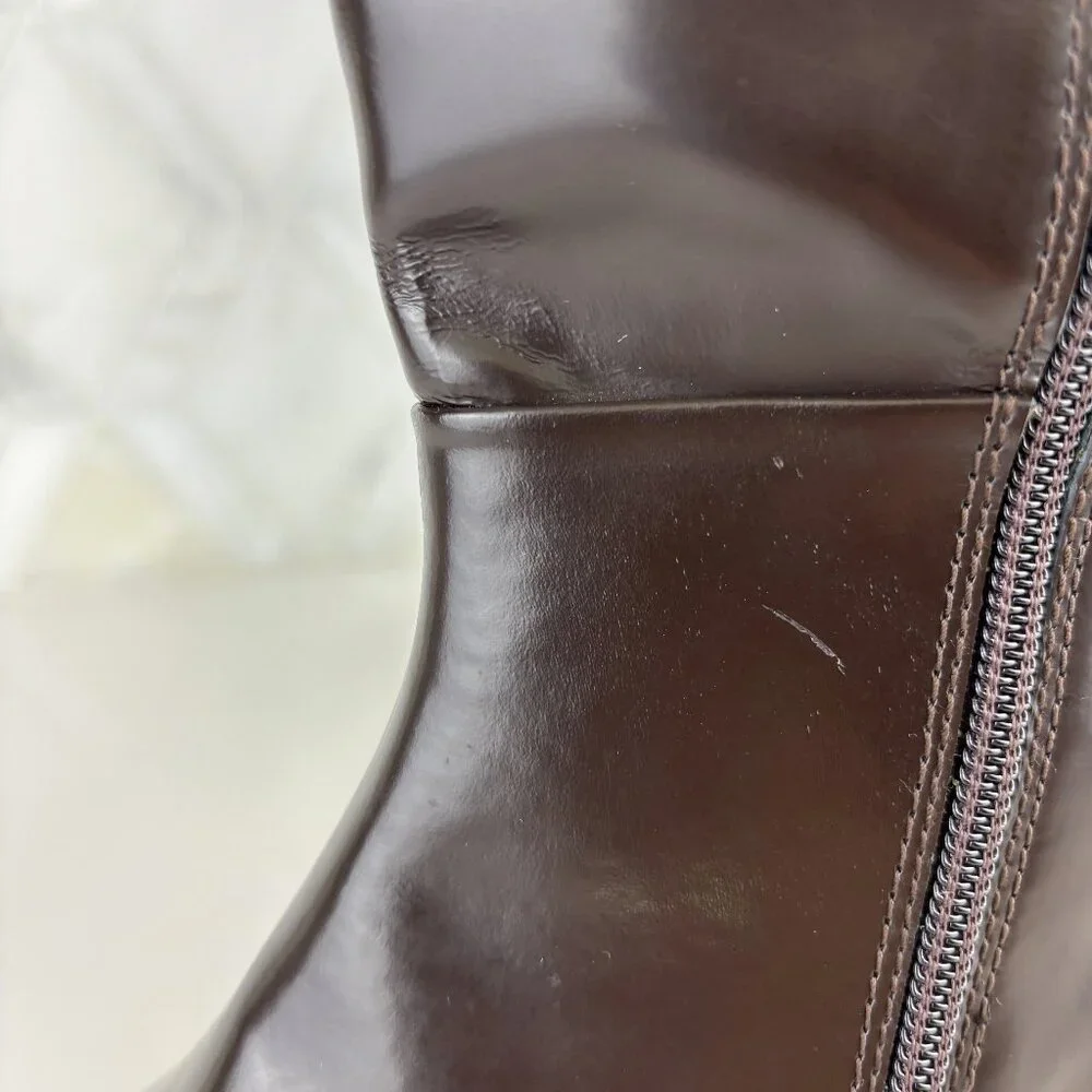 39/9 Dark Brown Walnut Round Toe Block Heel Wide Sole Knee High Pull On Zip Boot - Picture 5 of 16